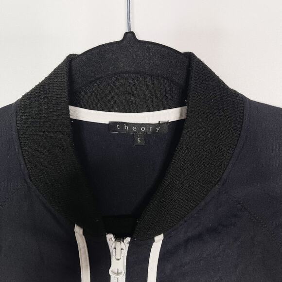 Theory Womens Small S Black Knit Bomber Jacket Full Zip Ribbed Stripe Detail - Picture 5 of 7